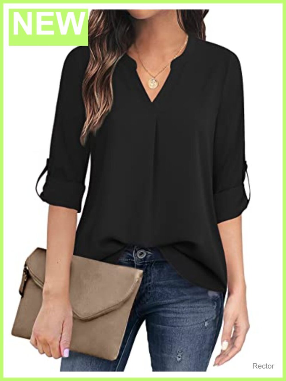 Chiffon V Neck 3/4 Sleeve Blouse Top Tunic Pleated Curved Hem Office Casual